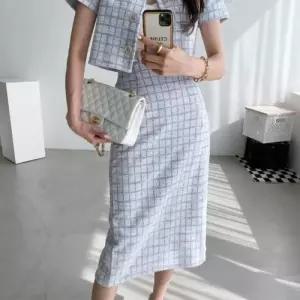 [다잇템]여자 트위드 카라없는 긴치마 재킷 투피스