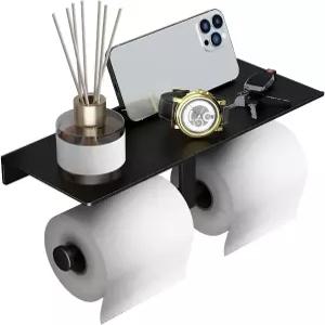 선반이 있는 단푸 매트 블랙 화장지 홀더 벽걸이 욕실 정리함 더블 롤