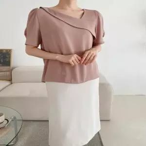 [다잇템]여자 핀턱 프릴 사선 반소매 V넥 블라우스