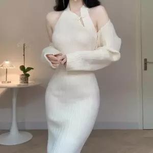 [디어로우]라디 홀터넥 골지 롱 원피스 볼레로 가디건 세트