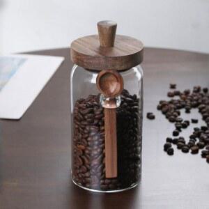 나무 뚜껑과 숟가락이 있는 ANSQU 2팩 유리병 34온스 식품 보관 용기 커피 찌꺼기 용기