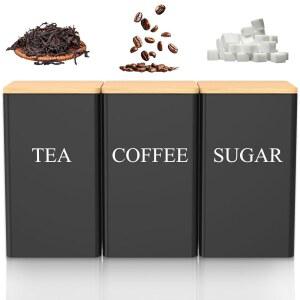 커피 설탕 용기 세트 3개 대나무 뚜껑이 있는 1000ML 금속 세트 주방용 블랙 주방 카운터 보관용 식품 보관 블랙