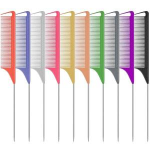 10 PCS 쥐꼬리 빗 세트 - 여성용 헤어 티징 파인 이빨 빗, 스테인리스 스틸 핀테일 탄소 섬유 내열성이 있는 땋기 스타일링 도구 및 가전제품용