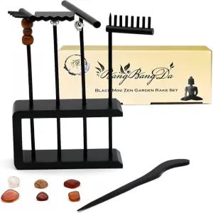 미니 젠 가든 갈퀴 세트 - 보관 스탠드와 크리스탈 6개가 포함된 12피스 블랙 대나무 모래 데스크톱 명상