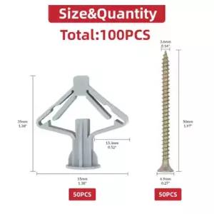 100개 드라이월 앵커 키트 중공벽 앵커 석고보드 플러그 나사 버터플라이 확장 튜브 파이프 50세트