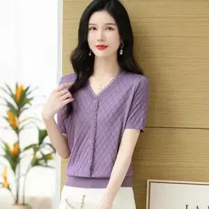 여사친 니트 롱루즈핏 티셔츠 셔츠 티 브이넥 반팔레이스 프릴 냉장고 얇은 상의 단추 admr2