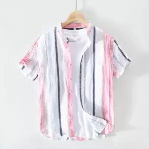 남자반팔 여름 얇은 배색 린넨 스트라이프 셔츠 심쿵