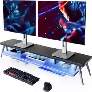 펜지 듀얼 모니터 스탠드 LED 조명이 있는 2단 아크릴 라이저 42.5인치 목재 및 알루미늄 책상 선반 휴대폰