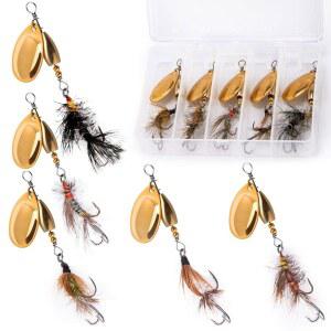 닥터피쉬 5팩 송어 스피너 미끼, 낚시 플라이 황동 경질 금속 미끼 민물 손 묶은 수탉 꼬리 키트, 태클 박스 포함