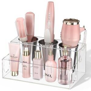 NIUBE 헤어 도구 정리함, 투명 아크릴 드라이어 및 스타일링 욕실 카운터탑 블로우 홀더, 액세서리, 메이크업, 세면도구를 위한 베니티 캐디 수납 스탠드