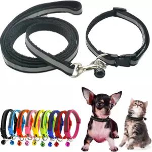 블랙 XXS 개 목걸이와 벨 목줄 세트 반사 고양이 강아지 나일론 소프트 조절 가능 XS 엑스트라 스몰 리틀