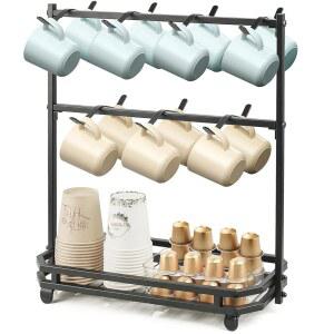 카운터탑용 커피 머그 홀더, 14개의 후크가 달린 컵 홀더 랙, K컵 포드 종이컵 티백을 보관할 수 있는 금속 트리 스탠드 - 블랙