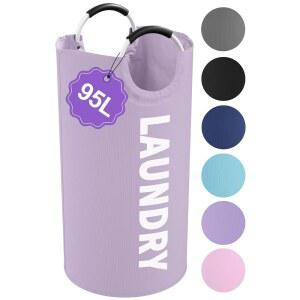 IHOMAGIC 95L 접이식 세탁 바구니, 손잡이가 달린 대형 휴대용 더러운 옷 욕실용 독립 스토게 거실, 기숙사, 보라색