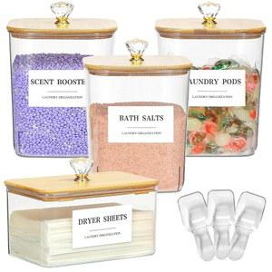 뚜껑이 있는 4팩 투명 세탁 포드 용기 및 건조 시트 홀더 세트, 스쿱 라벨이 용기, 세제, 포드, 파우더, 비드를 위한 세탁실 정리 보관