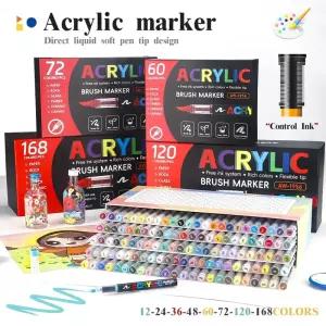 12-168색 아크릴 물감 펜 마커 브러쉬 팁 페인트 암석 페인팅 나무 캔버스 돌 크리스마스 선물 DIY 공예용