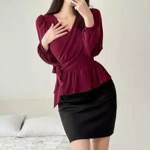 [클리어런스]블라우스 보라 2단 와인 랩 셋업룩 미니원피스_5