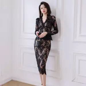 여성 세트 브이넥 조거탑 힙스터 스커트 레이스 슬림 투피스 심쿵돌직구