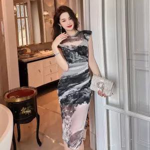 여성 여름 수묵화 프린트 슬림핏 망사 원피스 심쿵돌직구