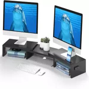 스마트폰 홀더가 있는 BONTEC 듀얼 모니터 스탠드 라이저 길이 및 회전 각도 조절 가능 PC 인체공학적 나무