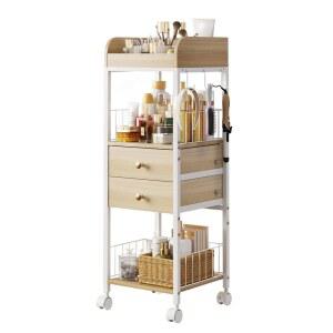 DONGRONG 메이크업 서랍 오거나이저 카트 스킨케어 나무 보관함 롤링 2개 플로어