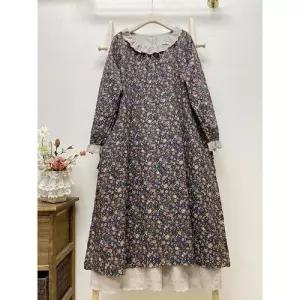 여성용 원피스 빈티지 프릴 쉬폰 긴팔 프로방스 롱스커트 플라워 원픽3