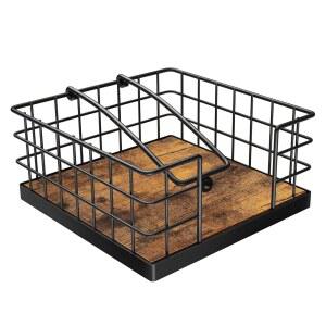 테이블용 홈모드 냅킨 홀더, 종이 냅킨용 농가 웨이트 암이 있는 평평한 바구니, 우드 키친 디스펜서, 러스틱 브라운 및 블랙