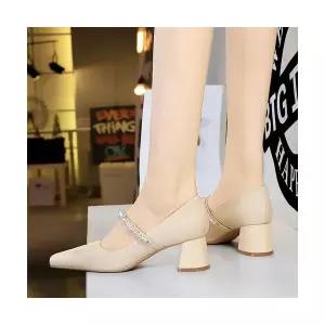 야무치 여자 데일리룩 신발 단화 플랫 빈티지 가보시 미들힐 펌프스 스퀘어 토 진주 큐빅 일자 벨트 KUK5