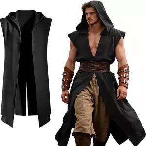 중세 의상 남성 바이킹 후드 민소매 서코트 할로윈 암살자 코스프레를 위한 르네상스 망토