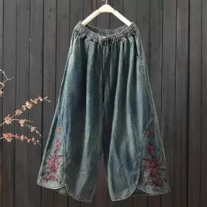 EAMT 여성 하계 빈티지 배기핏 청바지 자수 밴딩 와이드 EUNG2