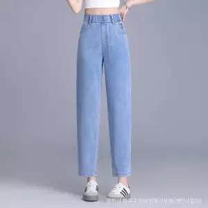 EAMT 여성용 팬츠 데님 여름 청바지 테이퍼드 슬림핏 허리 배기 얇은 밴딩 배기핏 EUNG2