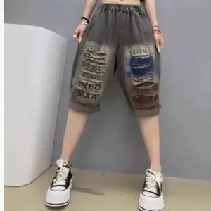 EAMT 여성용 바지 하프 데님 여름 빈티지 얇은 디스트로이드 배기핏 밴딩 청바지 5부 EUNG2