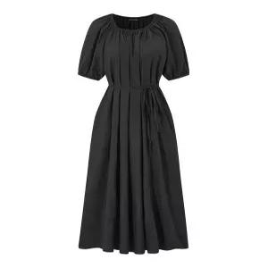 [미니멈에브리데이][미니멈 에브리데이]셔링 절개 플레어 허리 끈 반팔 롱 원피스 (EC