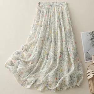 율랑팡 치마 여자 롱 면 여름 꽃 A라인 중기장 이중지 잔 언밸런스 린넨 슬림핏 HO2