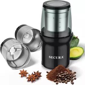 세큐라 일렉트릭 커피 그라인더 스테인리스 스틸 2개 탈착식 컨트롤 블레이드 허브용 스파이스 원두 포함