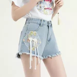 EAMT 여친 청 여름 개성 차이나스타일 반바지 자수 청반바지 A라인 핫팬츠 EUNG2