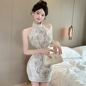 여자 레이스 원피스 프렌치 펀칭 홀터넥 여름 오프숄더 슬림 드레스 스커트 빈티지 미니 원픽2