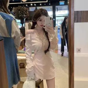 여자 레이스 원피스 오프숄더 긴팔 셔츠 봄가을 패치 허리조임 스커트 원픽3