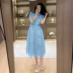 여성용 스커트 원피스 여름 터틀넥 프렌치 자수 슬림핏 드레스 레이스 싱글 A라인 원픽2