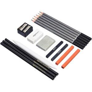 아마존 베이직 스케치 및 드로잉 아트 연필 키트, 아티스트용 17피스 세트, 연필, , 지우개, 셰이딩용 샤프너, 블랙, 화이트