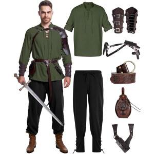 8Pcs 남성 르네상스 의상 할로윈 중세 해적 셔츠 팬티 바이킹 액세서리 세트