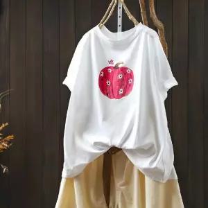 픽호샵 여성 면 캐주얼 여름 프린트티 호박 상의 프린트 라운드 티 키작녀 반팔 꾹2