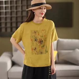 픽호샵 여자 빈티지 여름 상의 맨투맨 라운드 프린트 반팔 프린트티 키작녀 티 리넨 꾹2