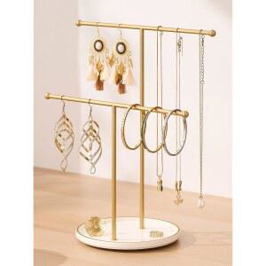 세라믹 트레이가 있는 조시믹 골드 주얼리 홀더 스탠드: 귀걸이, 팔찌, 반지 u2013 여성 및 소녀용 디스플레이 행거, 화이트