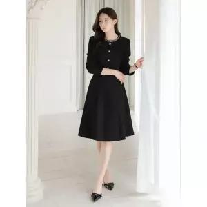 시크라인 ~XXL까지 브아 진주비즈 라운드넥 플레어 원피스 봄 가을 하객룩 오피스룩 모임룩 격식룩 빅사이