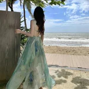 여자원피스 쉬폰 해변 바캉스 비치 롱 원피스 여름 언밸런스 톱 홀터넥 원템2