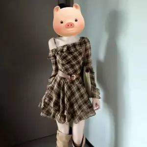 여자원피스 쉬폰 슬림핏 빈티지 체크 원피스 언밸런스 오프숄더 스커트 원템1