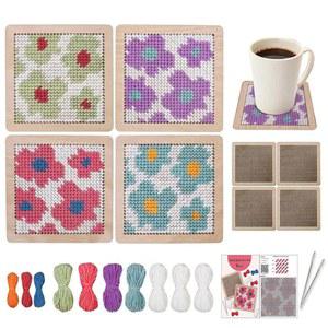 유셴 4Pcs 플라워 코스터 니들포인트 크로스 스티치 키트 DIY 자수 스타터 세트 바늘 실 공예 (플라워)