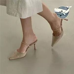 여성용 스웨이드 스틸레토 슬리퍼 미들굽 데일리 뮬 블로퍼 뮬슬리퍼 뮬스니커즈