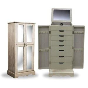 하이브스 앤 허니 메도우 스탠딩 주얼리 아무아르 캐비닛, 탑 플립 미러, 도어 2개, 서랍 7개, 상자, 목걸이용 박스, 귀걸이, 팔찌, 타우페