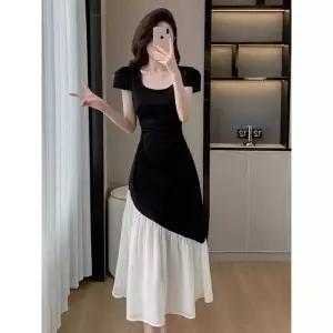 원피스 치마 롱 여친 하계 쉬폰 프렌치 스퀘어넥 허리 배색 플레어 원픽2